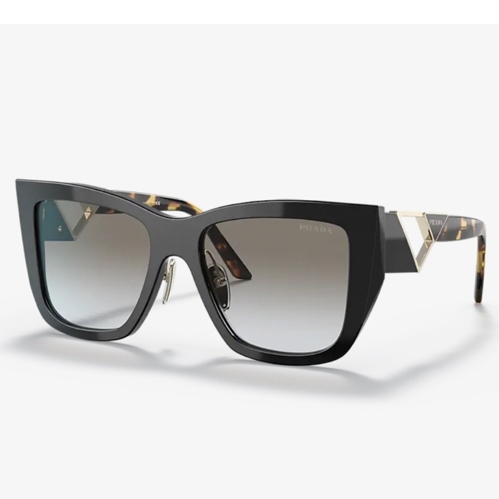 Prada Black Cat-Eye Sunglasses with Tortoiseshell Temples and Gold Accents